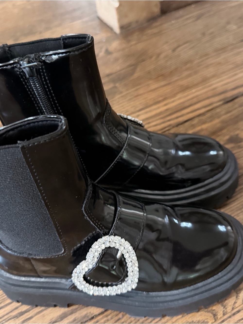 Zara Kids Black Patent Chelsea Boots with Crystal Heart Accent